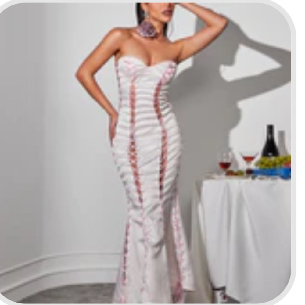 Strapless White and Pink Striped Lace Up Dress